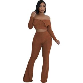 Fastkoala Sexy Two Piece Outfits for Women Casual Long Sleeve Off Shoulder Flare Wide Leg Pants Sets Sweatsuits