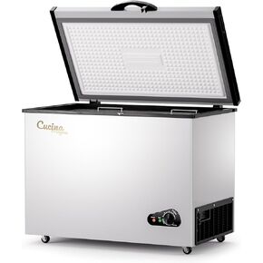 Commercial Chest Freezer, 10.2 Cu.Ft Chest Freezer 6 Temp Control(-0.4°F To 50°F), Large Deep Freezer with Lock, Ice Scoop, 2 Removable Baskets, Silver Freezer Suitable for Ice Cream, Bulk Storage