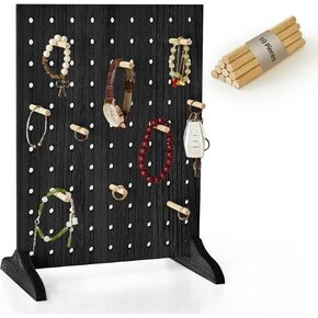 Wooden Pegboard Display Stand With 10 Pcs Wood Dowel Rods, Keychain Display Stand for Jewelry, Craft Show, Vendor Events, Peg Board Accessories Rack Organizer (11.8" W × 15.7" H) - Dark Brown