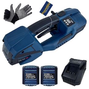 Electric Strapping Machine with LCD Screen Tool Portable Baler for 1/2-5/8 in PP PET Straps 2 x 4000mah Battery Powered Automatic Banding Box Pallet-Blue Vinyl Strapping Gun