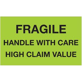BOX USA Tape Logic Labels, "Fragile Handle With Care High Claim Value", 3 x 5", Fluorescent Green (1 Roll of 500 Labels)