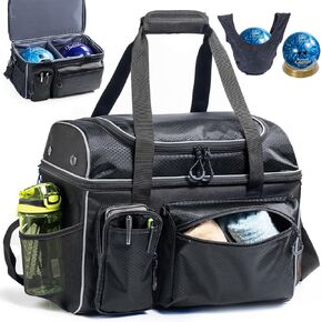 Double-Layer Bowling Ball Bag for 2 Balls with 2 Bowling Ball Cup Stand & Microfiber Ball Polisher Bag - Bowling Ball Tote with Pockets for Bowling Shoes & Bowling Accessories