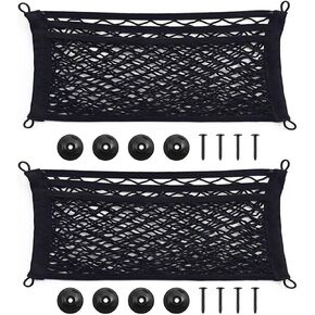 [2 Pack] 3-Layer Large Cargo Net for Trunk RV Boats Home Storage Stretchable Mesh Pocket Net with 4 Mounting Screw and Built-in Hooks 29.5 x 9.8 inch, black