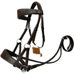 Sidepull Bitless Bridle with Designer Hand Carving On Brow & Noseband Oval Shaped Brown (Full, Cob, Pony)