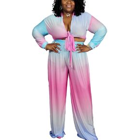 2 قطعة ملابس للنساء مثير الخامس الرقبة طباعة القمصان التعادل عقدة Batwing البلوزات المحاصيل الأعلى واسعة الساق السراويل مجموعة in Kuwait