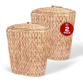 2-Pack Slim Wicker Basket with Lid – Small Waste Basket for Narrow Spaces | Rattan Decor - Handwoven Water Hyacinth Baskets and Covers | Covered Trash Can - Set of Two