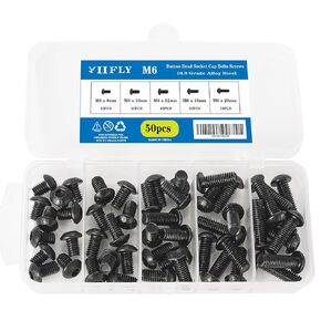 M6 x 30mm, 35mm, 40mm, 45mm, 50mm, Button Head Socket Cap Bolts Screws Assortment Set,10.9 Grade Alloy Steel, Allen Socket Drive, Black Oxide Finish, Full Thread, Quantity 50