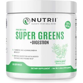 Organic Green Immunity Superfood Powder - Soothes Digestion, Boosts Healthy Vitality and Energy. Fast Acting Formula with Probiotics, Enzymes, Turmeric and Ashwagandha (30 Servings Lemon-Mint)