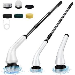 Electric Spin Scrubber with 5 Replaceable Brush Heads, Adjustable Extension Handle and 2 Speeds for Bathroom Kitchen Floor Tile Cleaning White