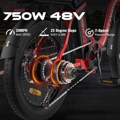 دراجة كهربائية HITWAY للبالغين، دراجة كهربائية بإطار سميك 20 بوصة، 750 وات 20 ميل في الساعة، دراجة كهربائية قابلة للطي قابلة للإزالة، بطارية 48 فولت/14 أمبير في الساعة 55-120 كيلومتر، دراجات كهربائية بإطارات جميع التضاريس in Saudi Arabia
