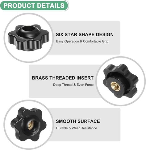 4-Pack 6 Star Knobs, M8 Female Thread 31mm Hexagon Head Through Hole Clamping Grip Handles for Machinery/Electronic/Woodworking, Brass Screw-On Threaded Knob [Black] in Saudi Arabia