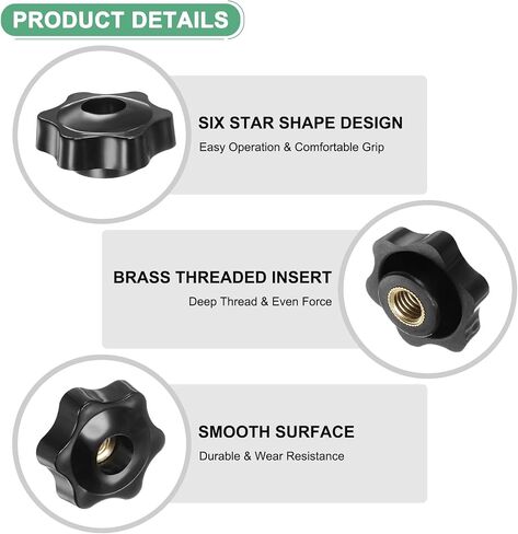 4-Pack 6 Star Knobs, M8 Female Thread 31mm Hexagon Head Through Hole Clamping Grip Handles for Machinery/Electronic/Woodworking, Brass Screw-On Threaded Knob [Black] in Saudi Arabia