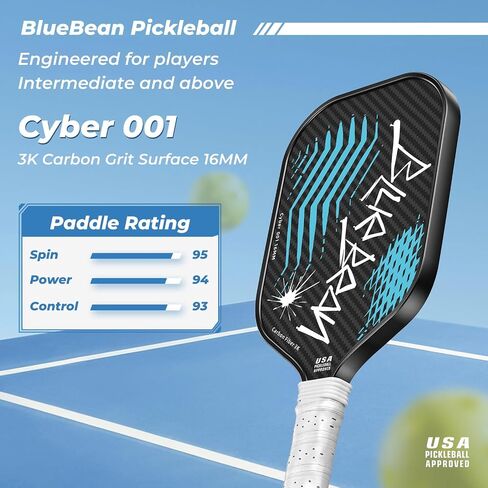 Pickleball Paddles, USAPA Approved, 3K Raw Carbon Fiber Pickleball Paddle with a 16MM Polymer Honeycomb Core Provides Higher Grit&Spin, Engineered for Players Intermediate and Above, BlueBean in Saudi Arabia