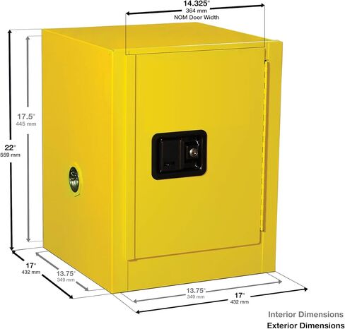 Justrite 890200 Sure-Grip EX Galvanized Steel 1 Door Manual Flammables Mini Safety Storage Cabinet, 17" Width x 22" Height x 8" Depth, 1 Adjustable Shelf, Yellow in Saudi Arabia