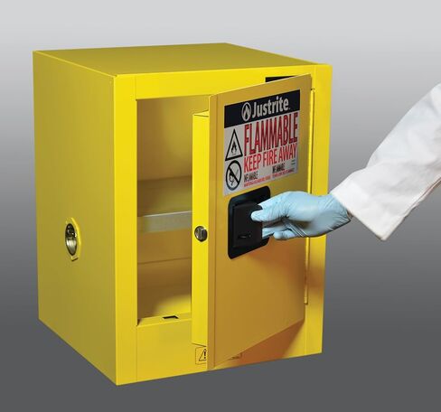 Justrite 890200 Sure-Grip EX Galvanized Steel 1 Door Manual Flammables Mini Safety Storage Cabinet, 17" Width x 22" Height x 8" Depth, 1 Adjustable Shelf, Yellow in Saudi Arabia