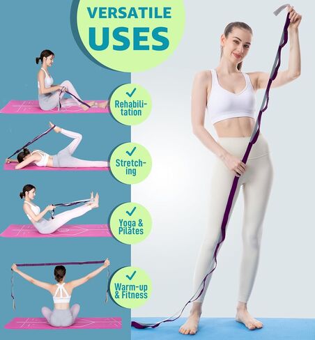 HiRui Stretching Strap Yoga Strap with Door Anchor, 14-Loops Non-Elastic Stretch Straps for Physical Therapy, Pilates, Dance, Gymnastics | Stretch Band with Workout Guide for Women & Men in Saudi Arabia