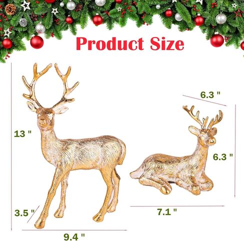 2pcs Elegant Christmas Reindeer Decorations, 13.8" Flocking Christmas Reindeer Figurines with Embossed Silver Necklace Flower Pattern, Christmas Table Centerpieces in Saudi Arabia