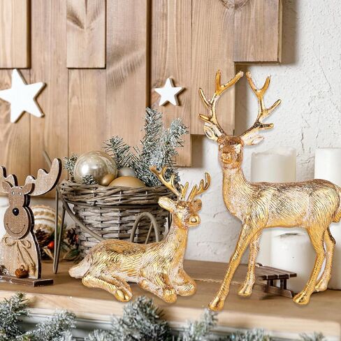 2pcs Elegant Christmas Reindeer Decorations, 13.8" Flocking Christmas Reindeer Figurines with Embossed Silver Necklace Flower Pattern, Christmas Table Centerpieces in Saudi Arabia