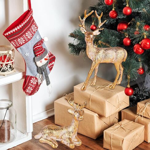 2pcs Elegant Christmas Reindeer Decorations, 13.8" Flocking Christmas Reindeer Figurines with Embossed Silver Necklace Flower Pattern, Christmas Table Centerpieces in Saudi Arabia