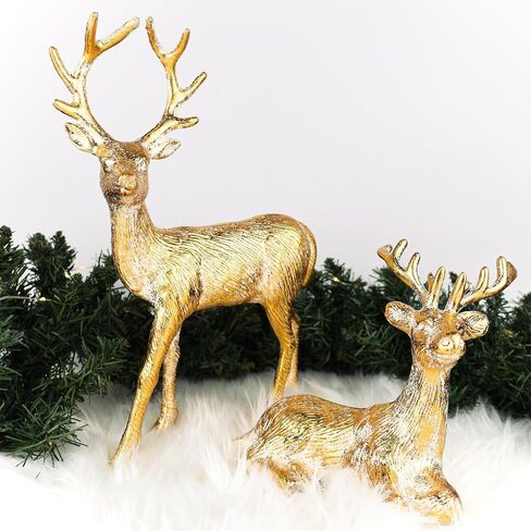 2pcs Elegant Christmas Reindeer Decorations, 13.8" Flocking Christmas Reindeer Figurines with Embossed Silver Necklace Flower Pattern, Christmas Table Centerpieces in Saudi Arabia