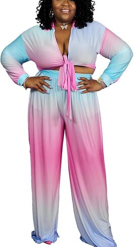 2 قطعة ملابس للنساء مثير الخامس الرقبة طباعة القمصان التعادل عقدة Batwing البلوزات المحاصيل الأعلى واسعة الساق السراويل مجموعة in Kuwait