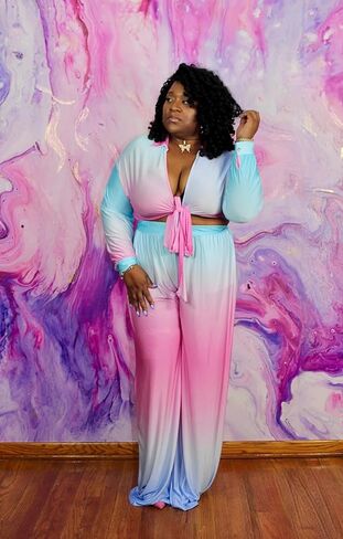 2 قطعة ملابس للنساء مثير الخامس الرقبة طباعة القمصان التعادل عقدة Batwing البلوزات المحاصيل الأعلى واسعة الساق السراويل مجموعة in Kuwait