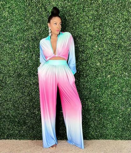 2 قطعة ملابس للنساء مثير الخامس الرقبة طباعة القمصان التعادل عقدة Batwing البلوزات المحاصيل الأعلى واسعة الساق السراويل مجموعة in Kuwait