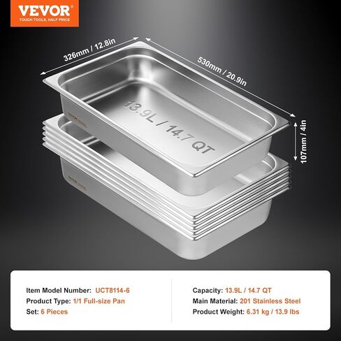 VEVOR 6 Pack 4-Inch Deep Hotel Pans, Full Size Steam Table Pan, 0.8mm Thick, Commercial Stainless Steel Chafing Steam Table Pan, Catering Storage Food Pan in Saudi Arabia