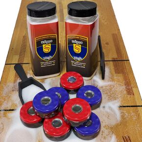 Shuffleboard Pucks w/ 2 Cans Shuffleboard Wax, Mini Dustpan and Brush for Shuffleboard Table, Complete Shuffleboard Accessories Bundle