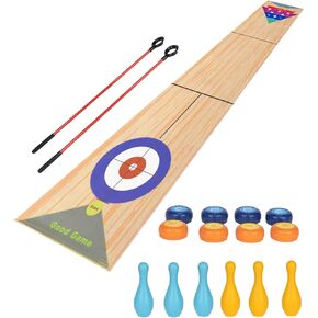 Portable Indoor Shuffleboard Table Game, Curling Game and Bowling Game 3 in 1 Board Game Set,with 11.7 Foot Game Mat,2 Cues,8 Curling Rocks,6 Bowling Pins,Fun Family Game