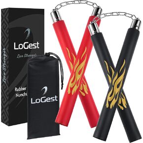 Logest Nunchucks - Pack of 2 with Storage Bag Safe Foam Rubber & Steel Chain Training Nunchakus for Kids or Adults Beginners for Martial Arts Practice Nunchaku Ninja Foam Nunchucks for Kids & Adults