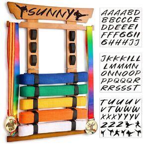 Tilhumt 8 Belt Karate Belt Display Rack with Medal Hanger and Stickers, Taekwondo Belt Display Holder, Martial Arts Belt Display Organizer for Kids and Adults, No Assembly Required (Bamboo/Acrylic)
