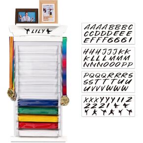 Tilhumt 12 Belts Karate Belt Display Rack with Stickers, Taekwondo Belt Display with Trophy/Photo Rack, Felt Dustproof Design, Easy to Put in Belt, Martial Arts Belt Display for Children and Adults