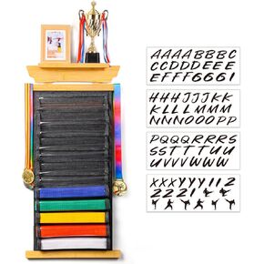 Tilhumt 12 Belts Karate Belt Display Rack with Stickers, Taekwondo Belt Display with Trophy/Photo Rack, Felt Dustproof Design, Easy to Put in Belt, Martial Arts Belt Display for Children and Adults