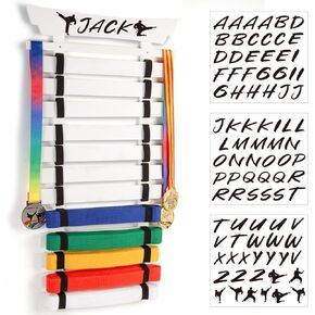 12 Belts Karate Belt Display Rack with Stickers, Martial Arts Belt Display Holder, Taekwondo Belt Jiu Jitsu Belt BJJ Belt Display Hanging Holder for Kids and Adults Gifts