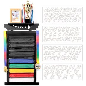 Tilhumt 10 Belts Taekwondo Belt Display with Stickers, Karate Belt Display Rack with Trophy/Photo Rack, Felt Dustproof Design, Easy to Clean, Martial Arts Belt Display for Children and Adults