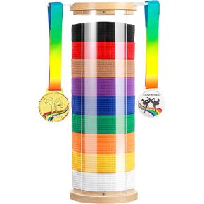 Tilhumt 9 Belts Karate Belt Display Rack, Freestanding Taekwondo Belt Display Holder, Cylindrical Martial Arts Belt Organizer with Extendable Medal Hanger for Kids and Adults TKD, BJJ, Kungfu