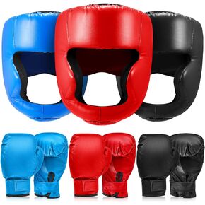 Kanayu 3 Pieces Boxing Headgear and 3 Pairs Boxing Gloves Set Shockproof Leather Boxing Helmet Safety Head Guard Punching Bag Gloves for Adult Men Women Youth Beginners