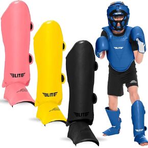 Elite Sports Muay Thai MMA Kickboxing Boys and Girls Shin Guards for Age 4 to 14 Years, Instep Guard Sparring Protective Leg Shin Kick Pads for Kids