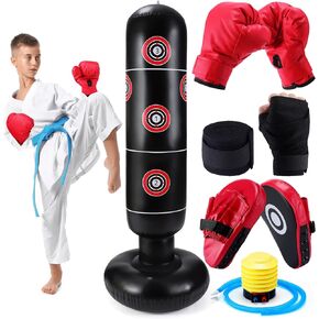 7 Pcs Kids Punching Bag Set Include Boxing Gloves, Inflatable Punching Bag, Hand Wraps, Boxing Hand Pads, Air Pump, Kids Boxing Training Set for Karate Kickboxing Taekwondo
