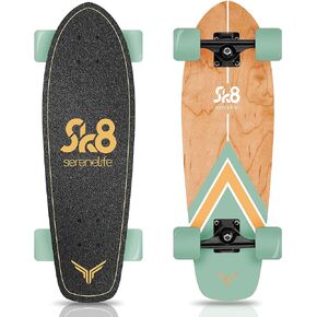 Complete Standard Skateboard Mini Cruiser - 6 Ply Canadian & Bamboo Maple Deck Complete Double Kick Skate Board W/ 5" Aluminum Trucks - for Kids, Teens, Adults - SereneLife (Black)