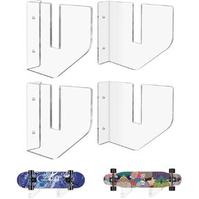 UCINNOVATE 4 Packs Acrylic Skateboard Wall Mount 1/6 inch Thick Longboard Skateboard Rack, Transparent Snowboard Hanger for Storage Holder Deck Display, Fit Surfskate, Skis, Penny Boards