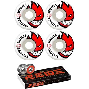 Spitfire 52mm Wheels Bighead White/Red Skateboard Wheels - 99a with Bones Bearings - 8mm Bones Reds Precision Skate Rated Skateboard Bearings (8) Pack - Bundle of 2 Items
