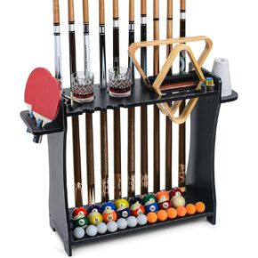 XCSOURCE Pool Stick Holder Floor Stand, 2-in-1 Pool Cue Rack & Ping Pong Paddle Holder, 100% Solid Wood Holds 9 Cues Full Set of Balls, Billiards and Table Tennis Accessories for Man Cave
