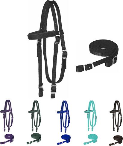 Majestic Ally Nylon Padded Browband Headstall with Reins for Horses (Black, Full) in Saudi Arabia