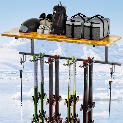 Snowboard Wall Mount,Ski Wall Mount Can Bear Weight of 400 Pounds,Ski Rack with Wooden Shelf,Ski Rack for Garage Wall Holds 12 Pairs,Snowboard Rack Size 45.27‘L’15.55‘W’inch. in Kuwait
