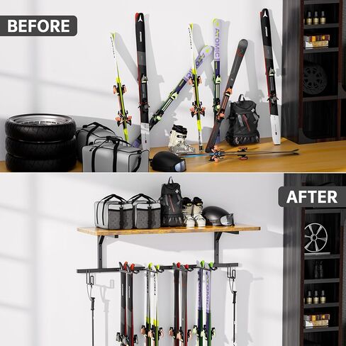 Snowboard Wall Mount,Ski Wall Mount Can Bear Weight of 400 Pounds,Ski Rack with Wooden Shelf,Ski Rack for Garage Wall Holds 12 Pairs,Snowboard Rack Size 45.27‘L’15.55‘W’inch. in Kuwait