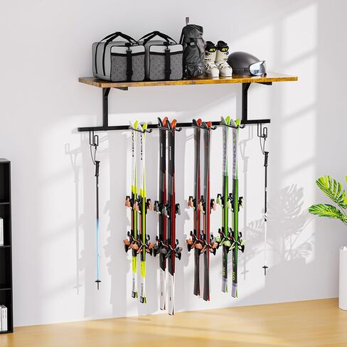 Snowboard Wall Mount,Ski Wall Mount Can Bear Weight of 400 Pounds,Ski Rack with Wooden Shelf,Ski Rack for Garage Wall Holds 12 Pairs,Snowboard Rack Size 45.27‘L’15.55‘W’inch. in Kuwait