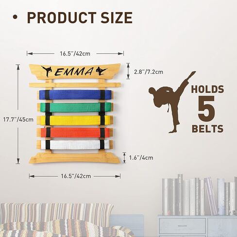 رف عرض حزام الكاراتيه الخيزران، عرض حزام التايكوندو مع ملصقات شخصية، 5 أحزمة عرض حزام الفنون القتالية، لا يتطلب تجميع، حامل تعليق حزام BJJ للأطفال والكبار in Kuwait