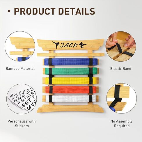 رف عرض حزام الكاراتيه الخيزران، عرض حزام التايكوندو مع ملصقات شخصية، 5 أحزمة عرض حزام الفنون القتالية، لا يتطلب تجميع، حامل تعليق حزام BJJ للأطفال والكبار in Kuwait